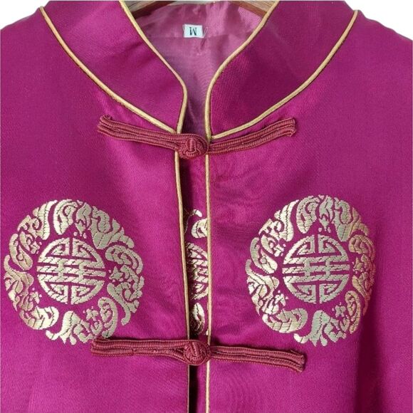 Chinese Tang Cheongsam Magenta Gold Jacket Frog Buttons Mandarin Collar Sz M - Picture 7 of 15
